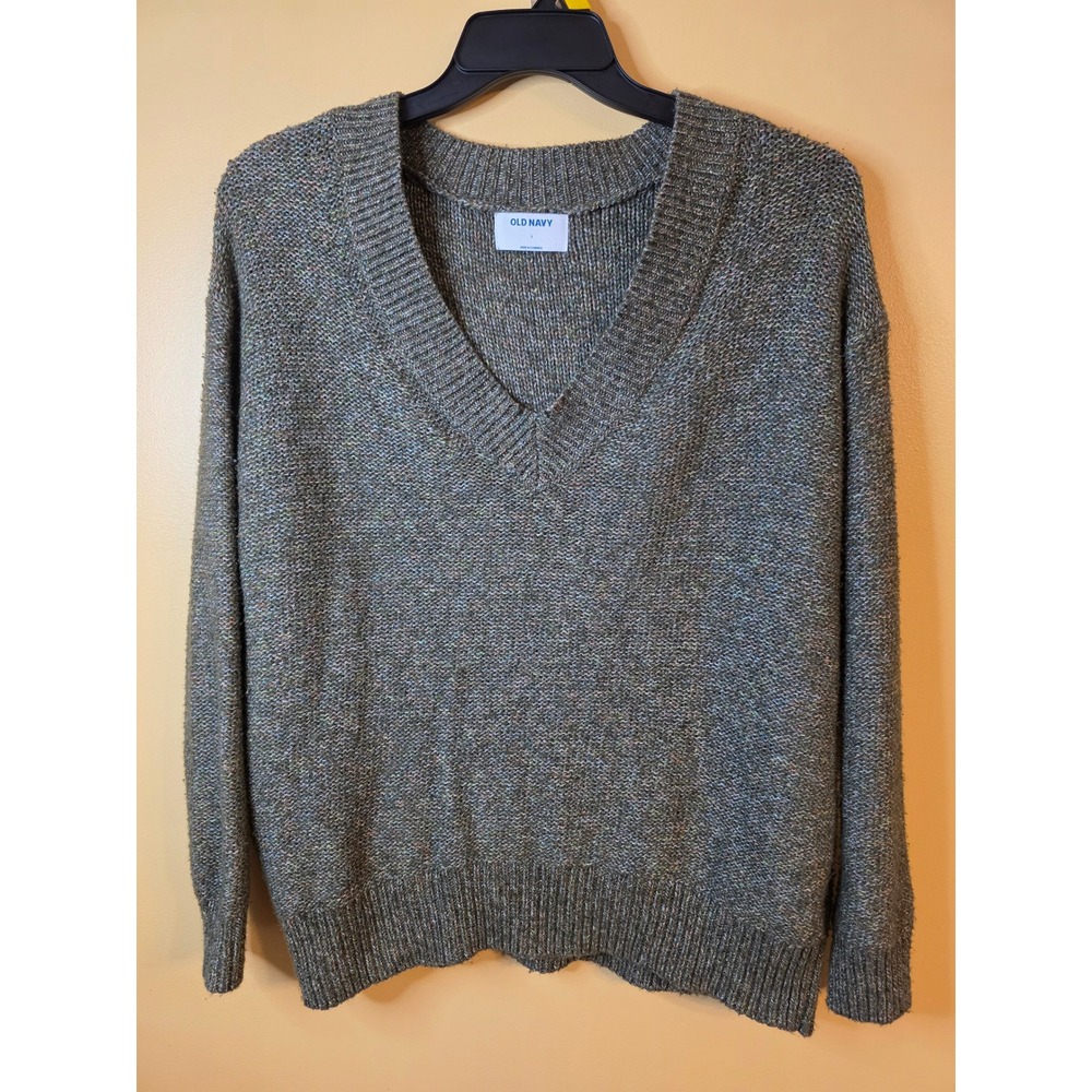 Old Navy Womens Large V-Neck Marled Knit Sweater Olive Green Multi Color Fleck